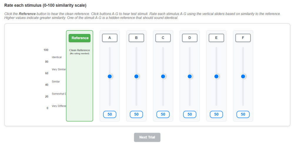 Picture of Similarity Test Interface, showing the rating scale and hidden reference.
