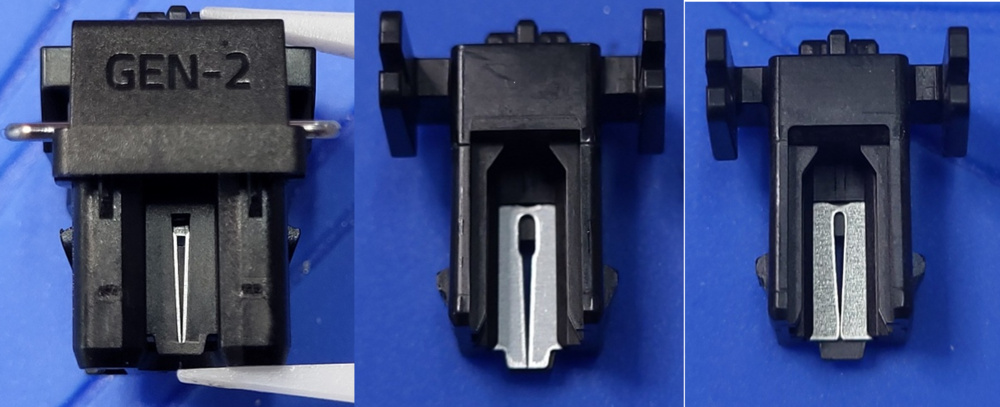 A set of three photographs that show design differences between Razer's Optical Analog Gen-2 and Gen-1 switches that may account for their performance differences.