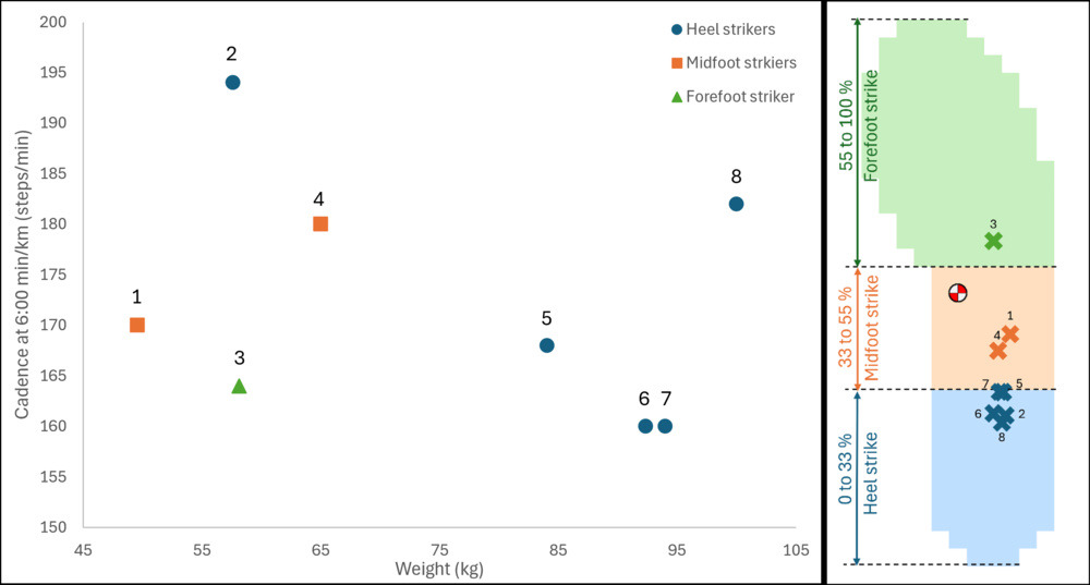 Graph showing selected runners with distinct weight, cadence, and foot strike pattern on the left and an illustration of the runners' center of pressure while landing on the right.