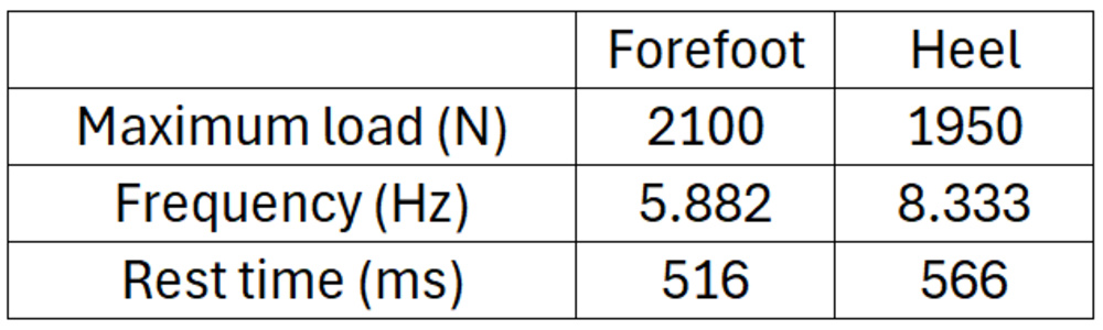 Table summarizing the parameters for the load profiles in the forefoot and in the heel.