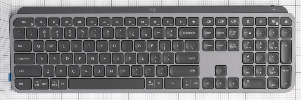 A picture of the Logitech MX Keys S, a fairly typical full size, 100% keyboard.