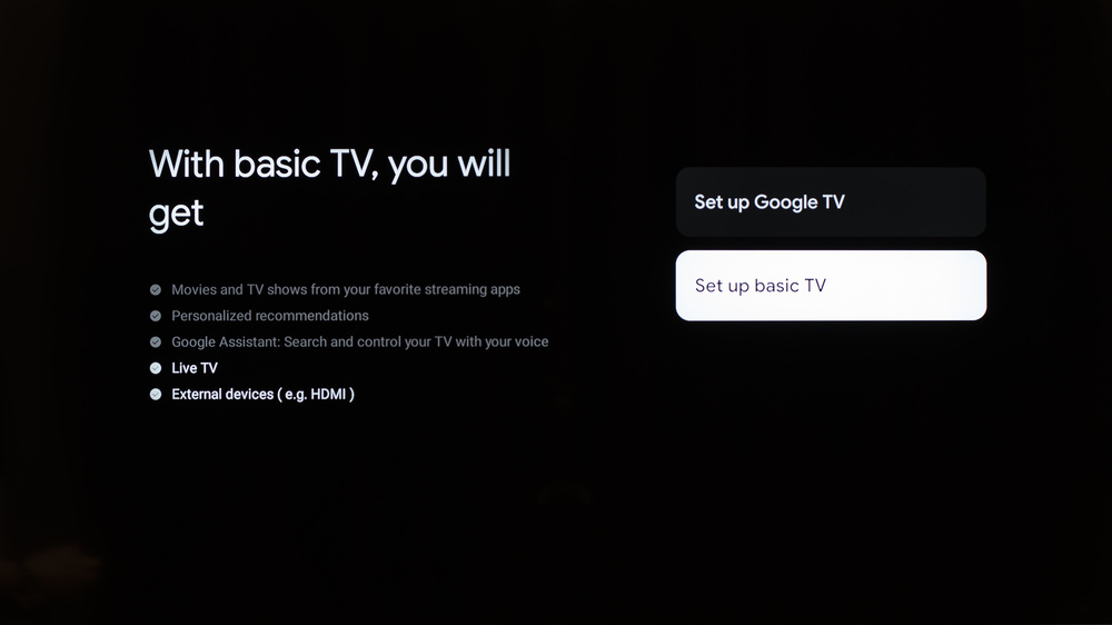 The alternative 'Basic TV' option during the initial setup process.