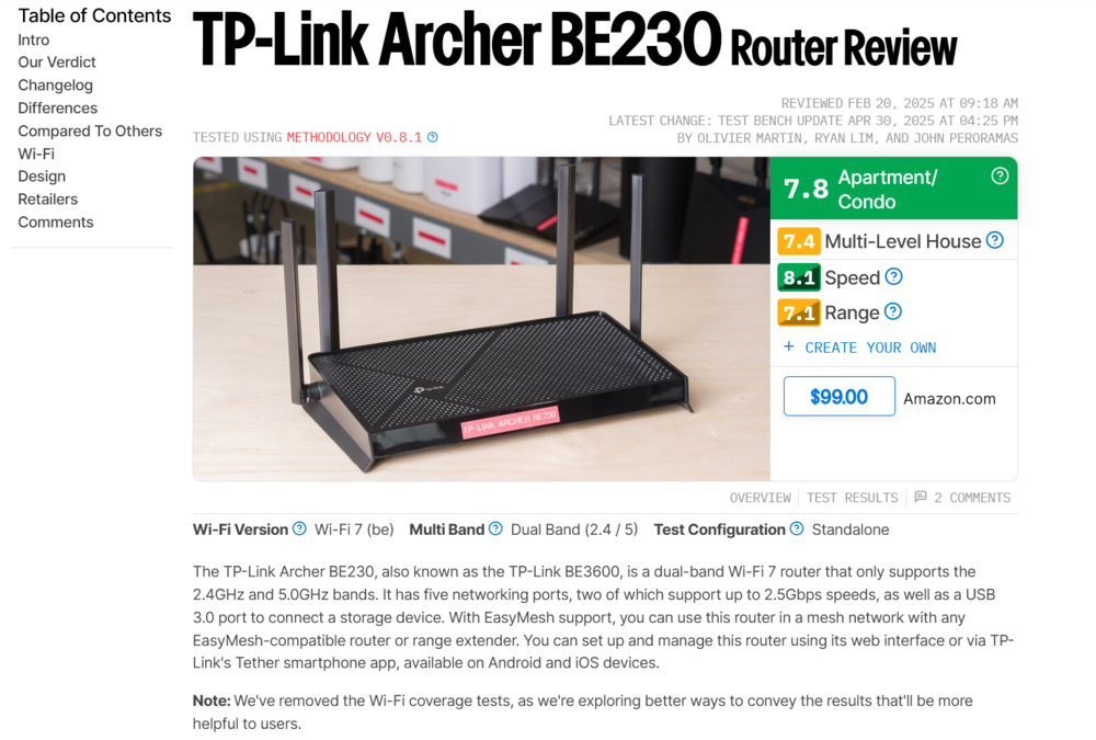 The ribbon of featured tests at the top of each review shows some essential specs at a glance.