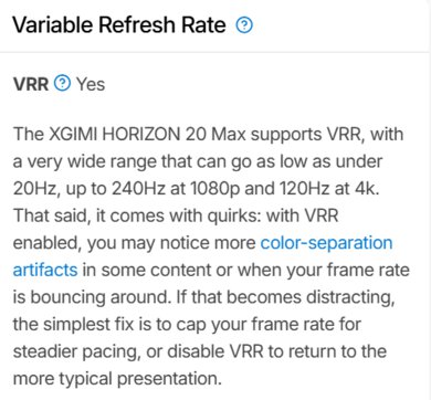 XGIMI HORIZON 20 Max - New Variable Refresh Rate box.