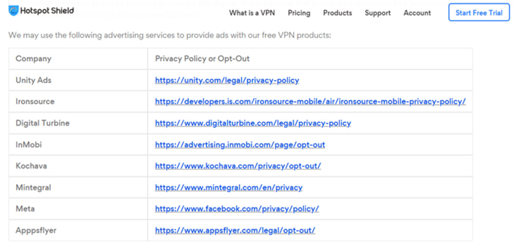 Excerpt from the HotSpot Shield Privacy Policy regarding providing ads.