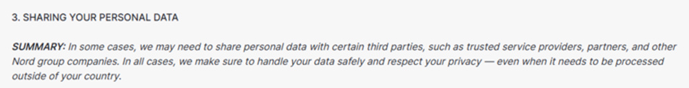 Excerpt of the NordVPN Privacy Policy showing their "sharing your personal data" section.