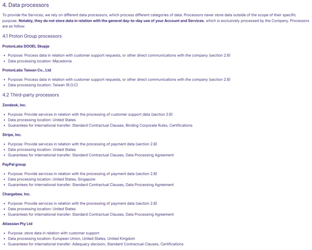Excerpt of the ProtonVPN Privacy Policy listing their third parties.