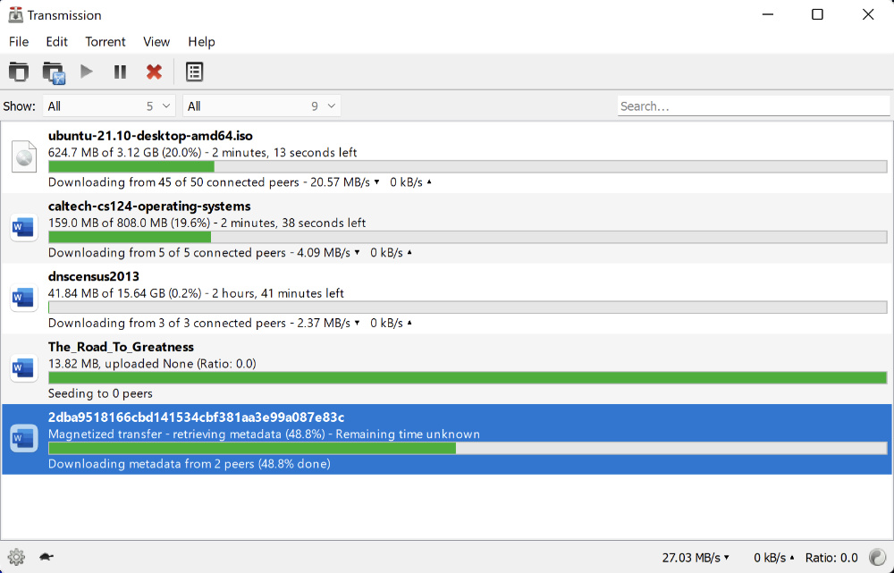 Screen capture of the Transmission torrent client.