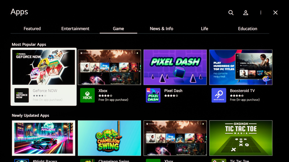 Available games and gaming-related apps on the webOS interface.