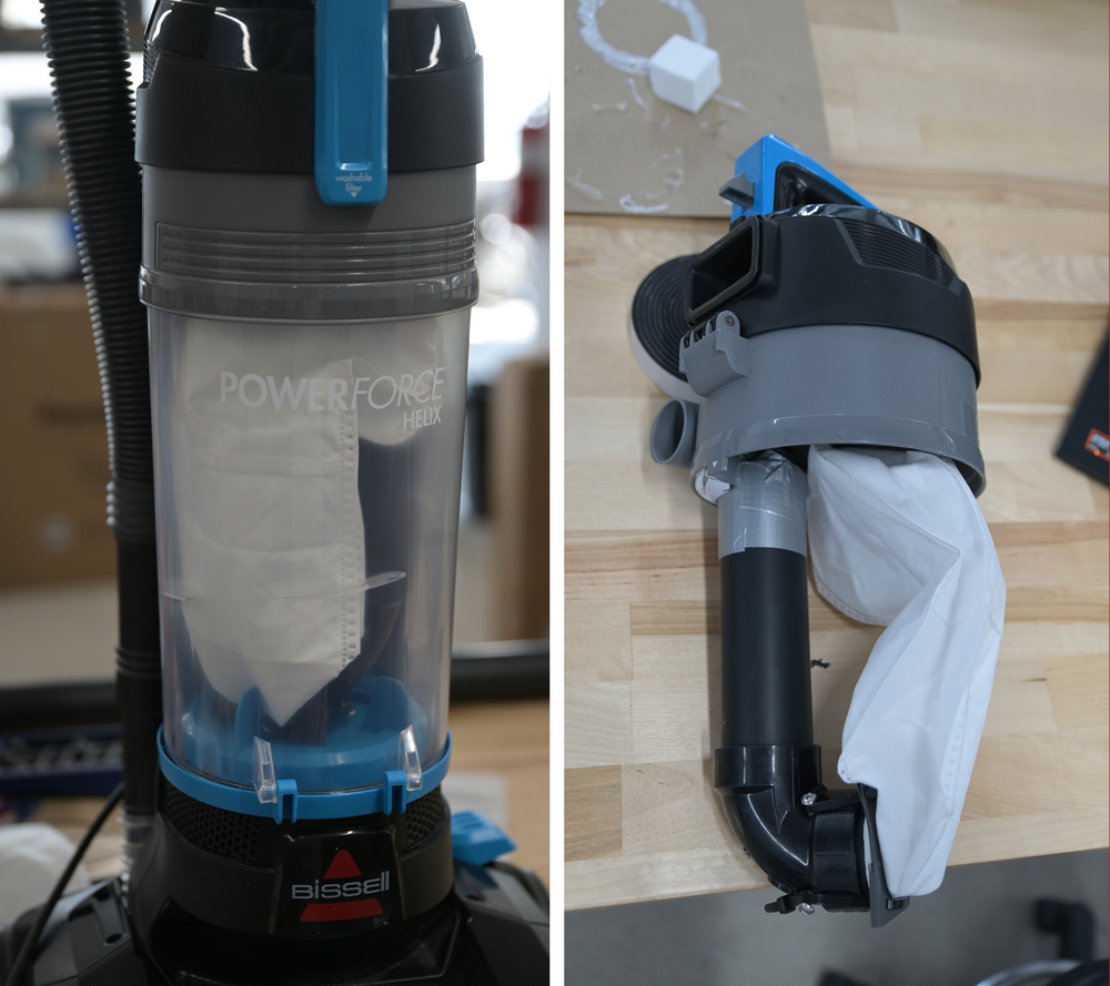 The Bissell PowerForce Helix vacuum cleaner seen with a bag inside its dust collection chamber.