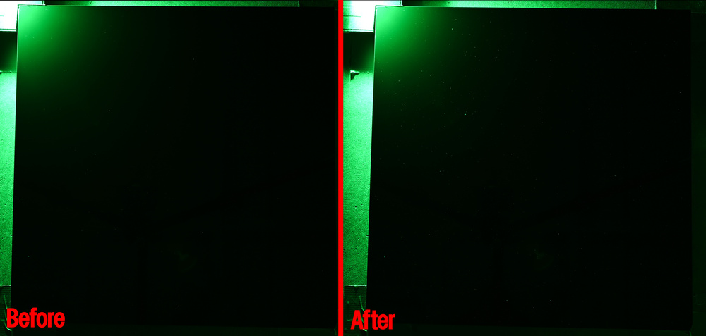 A before and after photo of a black ceramic tile placed next to a trash can while emptying a Sebo D4 vacuum. The tile is clean in the before photo while a small amount of dust is visible in the after photo.