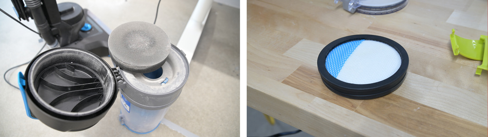 The filters for the Bissell PowerForce Helix on the left is made out of foam, and the filter for the Ryobi PCL720K on the right is made out of fabric.