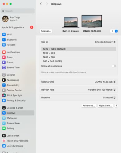 BenQ ZOWIE XL2546X macOS Screenshot