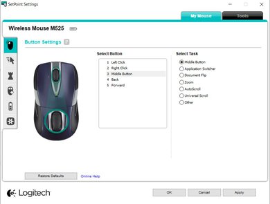 Logitech M525 Software settings screenshot