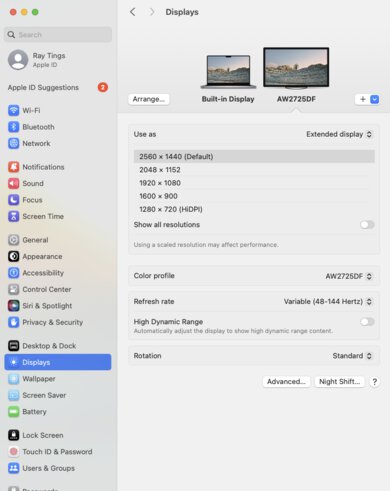 Dell Alienware AW2725DF macOS Screenshot