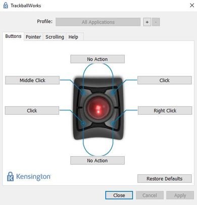 Kensington Expert Mouse Wireless Trackball Software settings screenshot