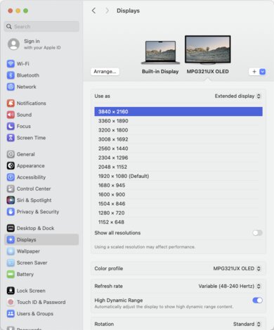 MSI MPG 321URX QD-OLED macOS Screenshot
