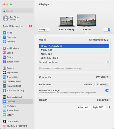 Dell Alienware AW2524H macOS Screenshot