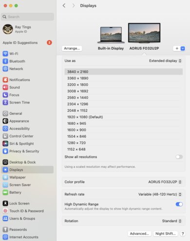 Gigabyte AORUS FO32U2P macOS Screenshot